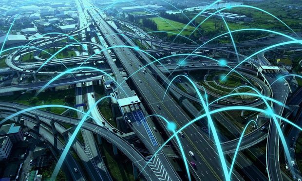 Otokoç Otomotiv - Smart digital city highway with globalization graphic of connection network abstract line . Concept of future 5G smart wireless digital city and social media networking systems .